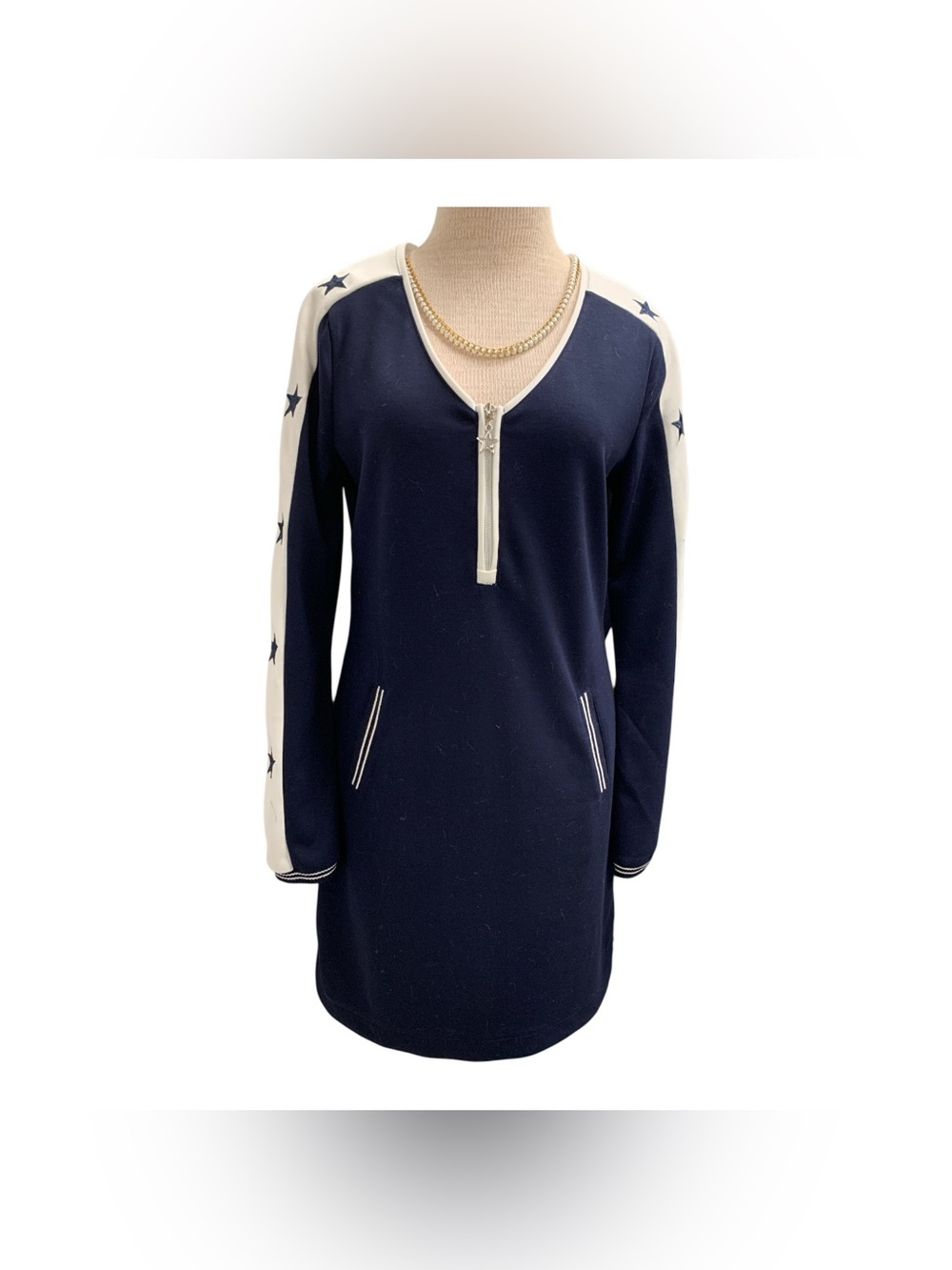 Orly Navy and Cream Star-Trim V-Neck Tunic with Front Zip Size XS